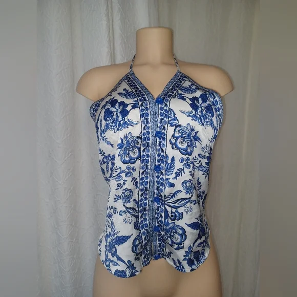 Women Size L Blue and White Floral Halter Top it is not a brand - Picture 1 of 10